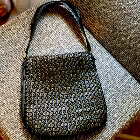 Francesco Biasia Vintage woven brass leather shoulder baguette bag purse MCM